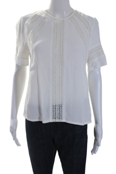 Maje Womens Crepe Floral Embroidered Trim Short Sleeve Blouse Top White Size 1