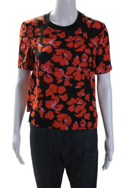 A.L.C. Womens Silk Chiffon Hawaiian Floral Short Sleeve Shirt Black Red Size 4