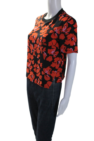 A.L.C. Womens Silk Chiffon Hawaiian Floral Short Sleeve Shirt Black Red Size 4