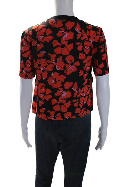 A.L.C. Womens Silk Chiffon Hawaiian Floral Short Sleeve Shirt Black Red Size 4