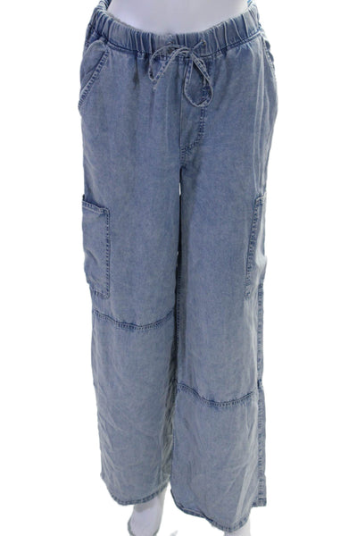 Central Park West Womens Drawstring Waist Wide Leg Cargo Pants Blue Size XS