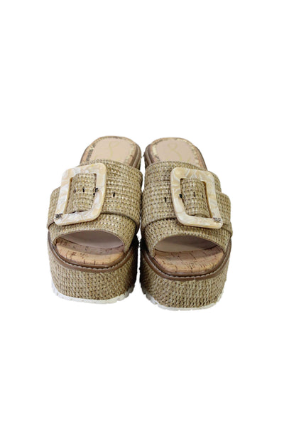 Sam Edelman Womens Basket Weave One Strap Slide On Platform Sandals Beige Size 7