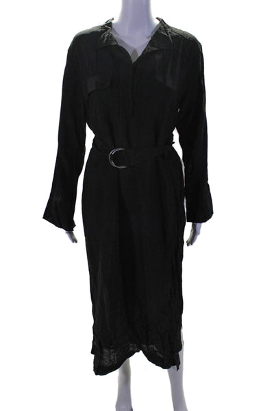 Zara Womens Solid Black Collar Front Pockets Long Sleeve Belt Shift Dress Size M