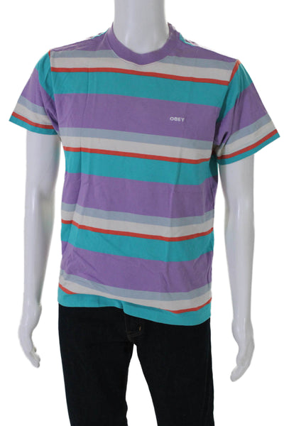 Obey Mens Striped Short Sleeves Tee Shirt Multi Colored Cotton Size Small