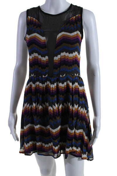 For Love & Lemons Womens Back Zip Sleeveless Mesh Trim Chevron Dress Multi Large