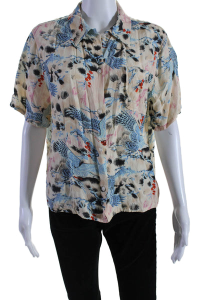 Re/Done Womens Button Front Hawk Printed Collared Shirt White Beige Size Medium