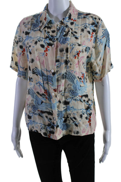 Re/Done Womens Button Front Hawk Printed Collared Shirt White Beige Size Medium