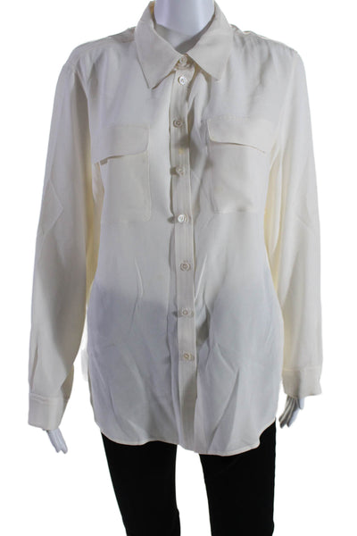 Two by Vince Camuto Womens Silk Collared V-Neck Buttoned Blouse Beige Size M