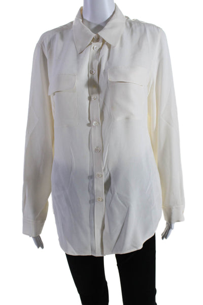 Two by Vince Camuto Womens Silk Collared V-Neck Buttoned Blouse Beige Size M