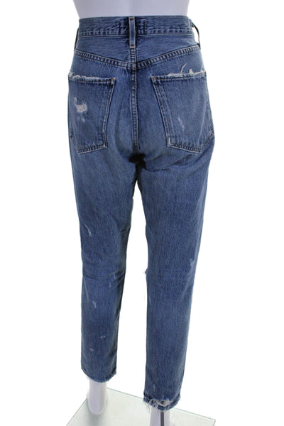 Agolde Womens Button Up Distressed High Rise Slim Leg Jeans Blue Cotton Size 26