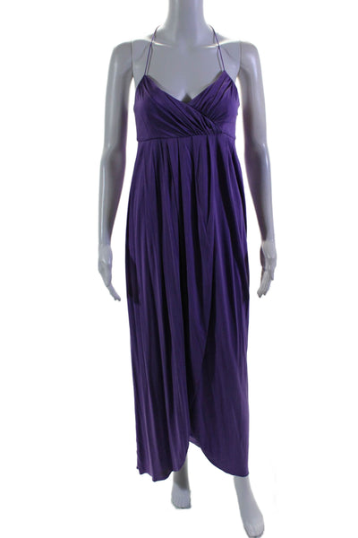 Laila Azhar Womens Silk V-Neck Ruched Front Slit Zip Maxi Dress Purple Size XS