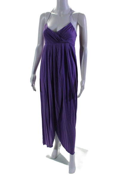 Laila Azhar Womens Silk V-Neck Ruched Front Slit Zip Maxi Dress Purple Size XS