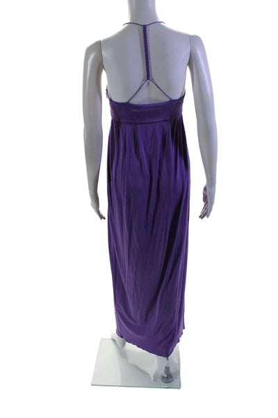 Laila Azhar Womens Silk V-Neck Ruched Front Slit Zip Maxi Dress Purple Size XS