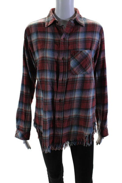 Current/Elliott Womens Cotton Plaid Collared Frayed Hem Buttoned Top Red Size 0