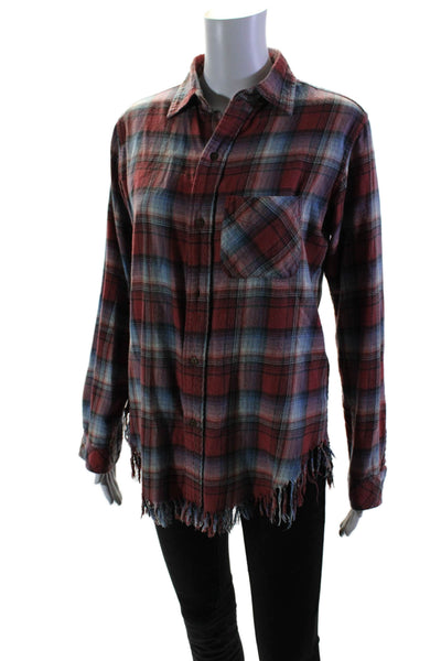 Current/Elliott Womens Cotton Plaid Collared Frayed Hem Buttoned Top Red Size 0