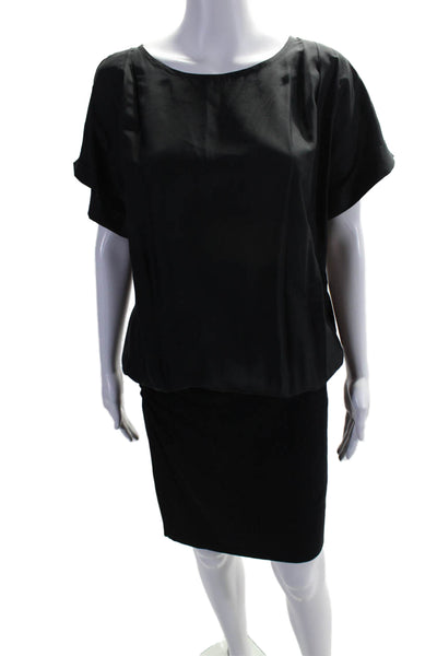 DKNY Womens Silk Black Scoop Neck Pleated Short Sleeve Bodycon Dress Size 4