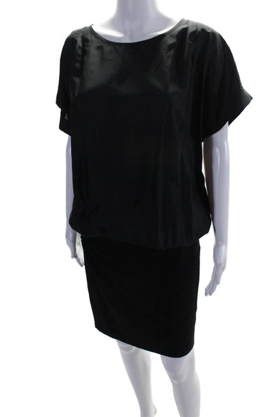 DKNY Womens Silk Black Scoop Neck Pleated Short Sleeve Bodycon Dress Size 4