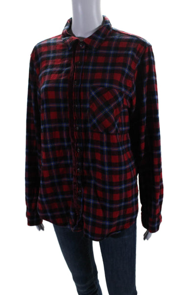 Xirena Womens Cotton Plaid Print Collared Buttoned Long Sleeve Top Red Size M