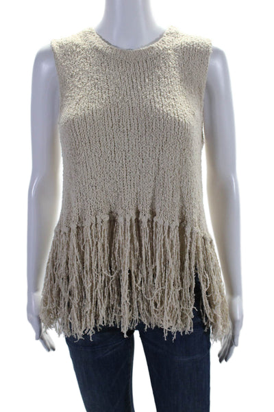 A.L.C. Womens Silk Fringed Textured Hem Round Neck Sleeveless Top Beige Size S