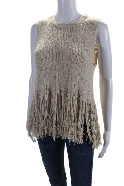 A.L.C. Womens Silk Fringed Textured Hem Round Neck Sleeveless Top Beige Size S