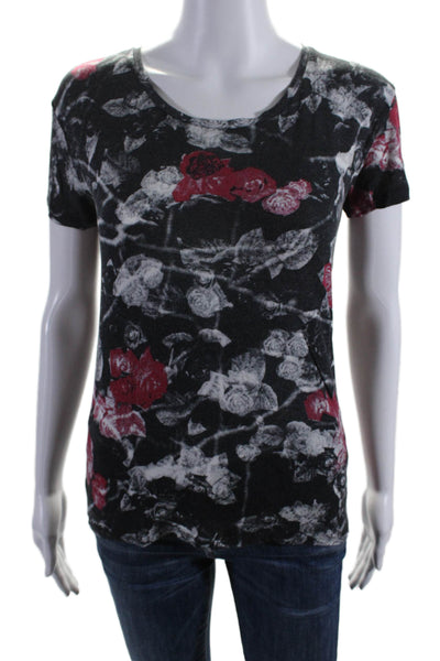 The Kooples Womens Floral Print Round Neck Short Sleeve Top Black Size XS