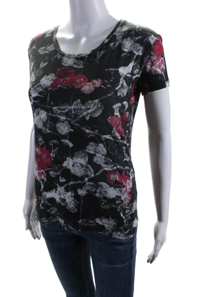 The Kooples Womens Floral Print Round Neck Short Sleeve Top Black Size XS