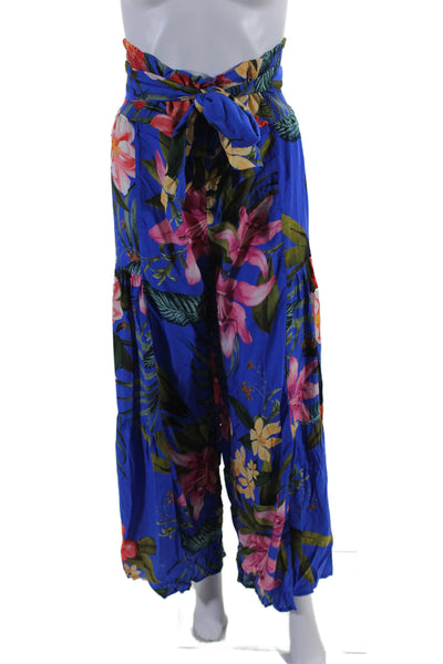 PQ Women's Pull-On Smocked Tie Waist Floral Wide Leg Pants Size M/L