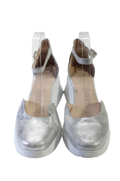 Wonders Women's Round Toe Ankle Buckle Rubber Sole Wedge Sandals Silver Size 9