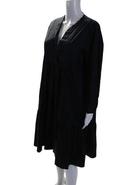 Zara Womens Long Sleeve V Neck High Low Shift Dress Black Cotton Size Small