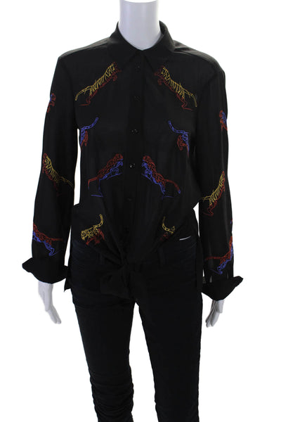 Karen Millen Womens Black Embroidered Cats Long Sleeve Button Down Shirt Size 6