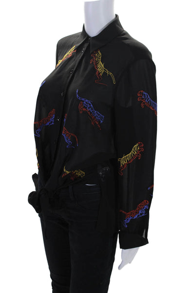 Karen Millen Womens Black Embroidered Cats Long Sleeve Button Down Shirt Size 6