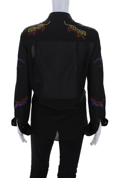 Karen Millen Womens Black Embroidered Cats Long Sleeve Button Down Shirt Size 6