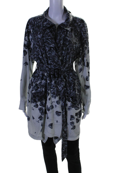 Risto Womens Silk Gray Floral Print Full Zip Belt Long Sleeve Jacket Size XS