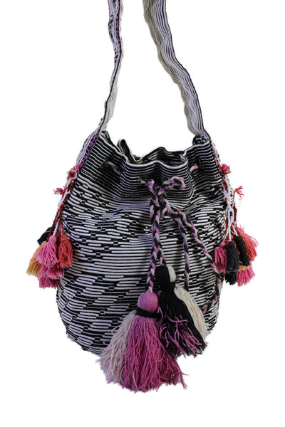 Shiraleah Women's Tassel Drawstring Shoulder Handbag Striped Size M