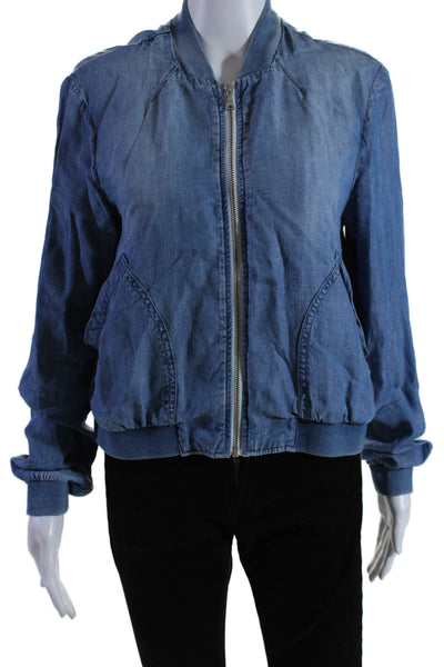 Cloth & Stone Womens Long Sleeve Front Zip Crew Neck Light Jacket Blue Medium