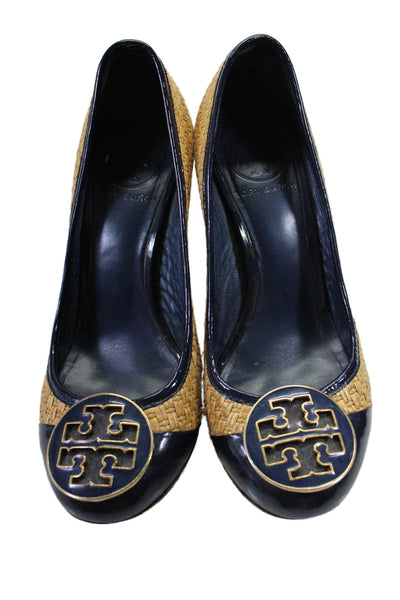 Tory Burch Womens Slip On Front Logo High Block Heels Leather Blue 6