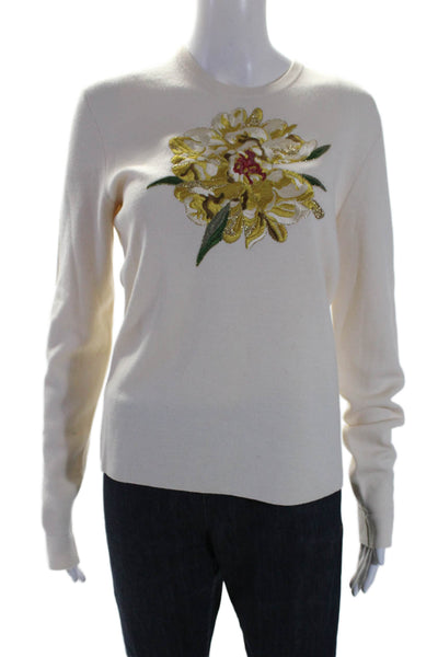 Escada Women's Long Sleeves Flower Embellish Pullover Sweater Beige Size M