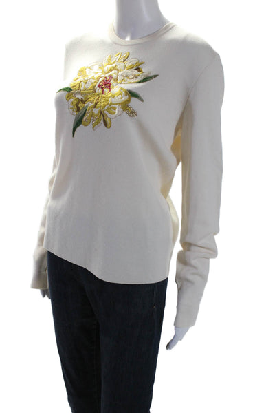 Escada Women's Long Sleeves Flower Embellish Pullover Sweater Beige Size M