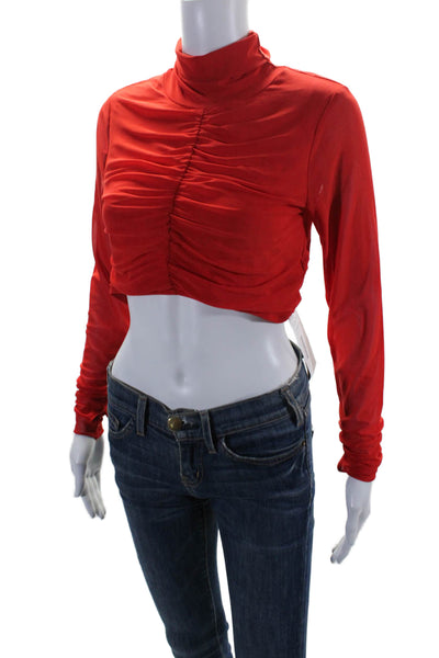 AFRM Womens Ruched Long Sleeves Pullover Turtleneck Blouse Red Size Medium