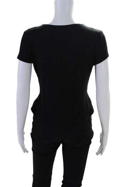 Reformation Womens Ribbed Knit Short Sleeve Button Down V-Neck Top Black Size L