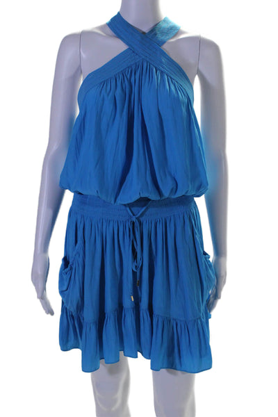 Ramy Brook Women's Halter Neck Sleeveless Drop Waist Mini Dress Blue Size L