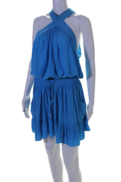 Ramy Brook Women's Halter Neck Sleeveless Drop Waist Mini Dress Blue Size L