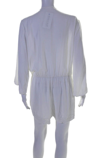 La Blanca Women's V-Neck 3/4 Sleeves Crochet Trim Shorts Romper White Size M