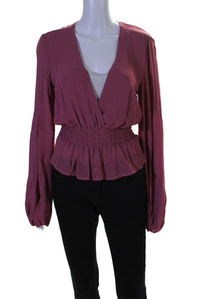 Reformation Women's V-Neck Long Sleeves Smocked Ruffle Blouse Mauve Size XS