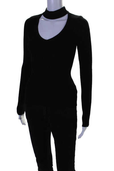 Ramy Brook Women's Mock Neck Cutout Ribbed Pullover Sweater Black Size XS