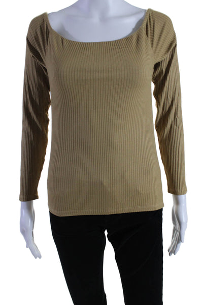 Enza Costa Womens Long Sleeve Rib Knit Boat Neck Top Beige Size Medium