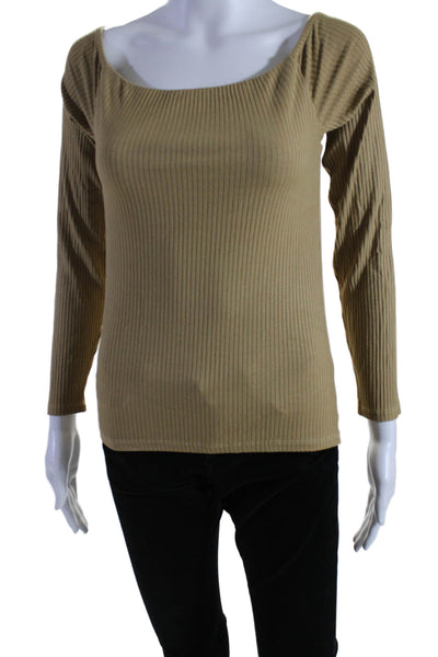 Enza Costa Womens Long Sleeve Rib Knit Boat Neck Top Beige Size Medium