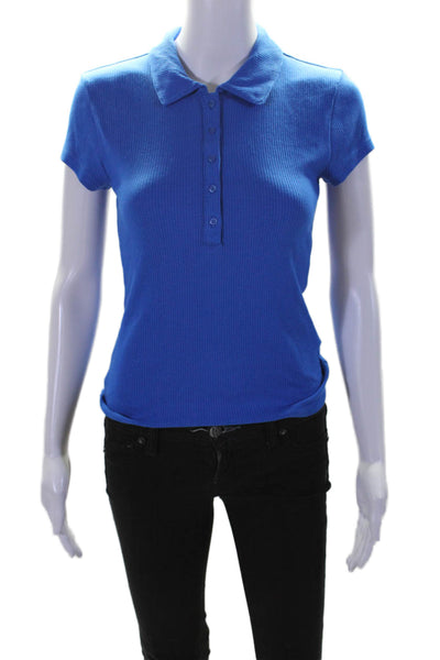 J Crew Women's Collared Short Sleeves Ribbed Quarter Button Blouse Blue Size S