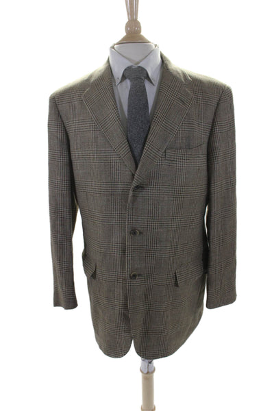 Paul Stuart Mens Silk Blend Plaid Notch Collar 3 Pocket Suit Jacket Tan Size 42L