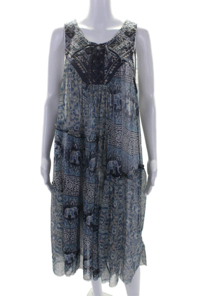 Free People Womens Abstract Print Unlined Lace Up Midi Tunic Dress Blue Size M